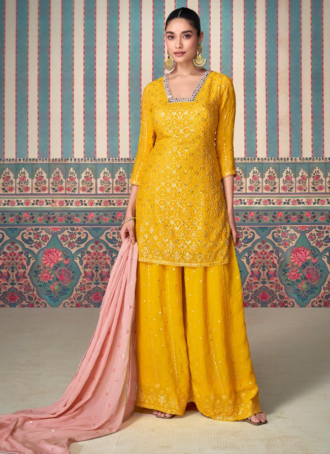 Premium Chinnon Silk Yellow Wedding Wear Embroidery Work Readymade Plazzo Suit